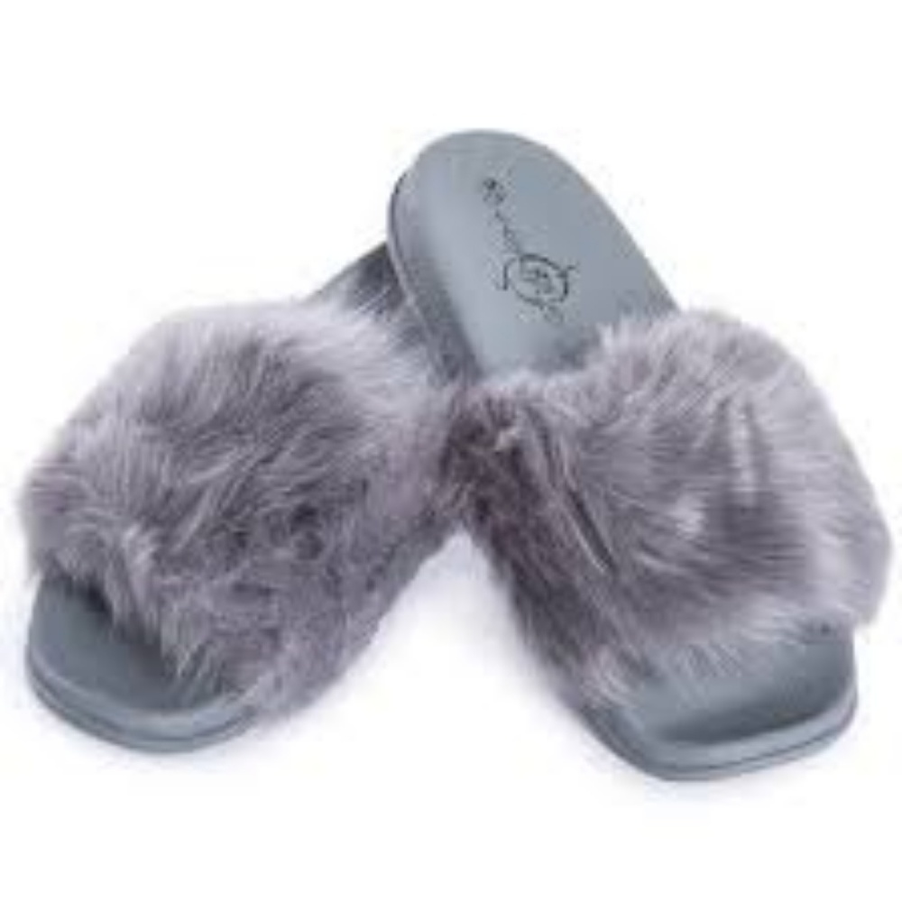 New New Soulmates Long Hair Fur Slide Gray Size 7